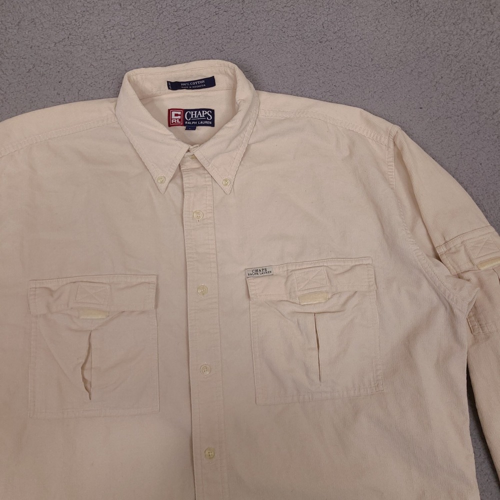 Ralph Lauren Chaps Corduroy Mens Shirt Large Beige Cotton Safari Utility Soft
